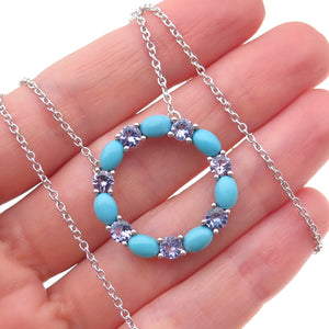 925 Sterling Real Turquoise & Tanzanite Circle of Life Cable Chain Necklace 18"