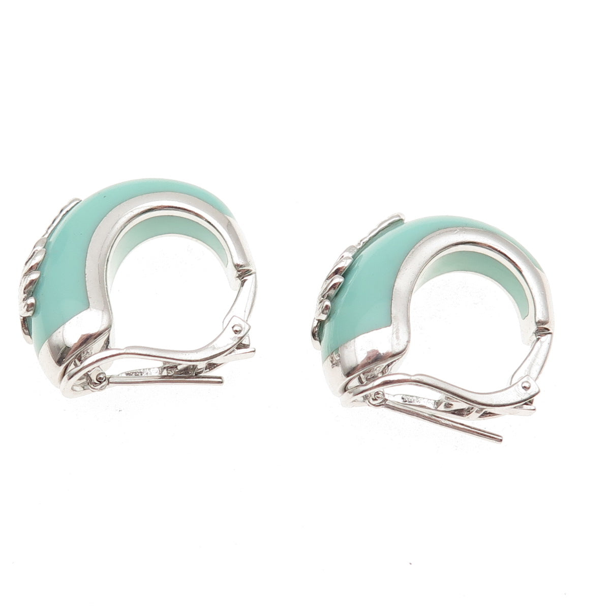 925 Sterling Silver Vintage Enamel Palm Tree Omega Back Hoop Earrings