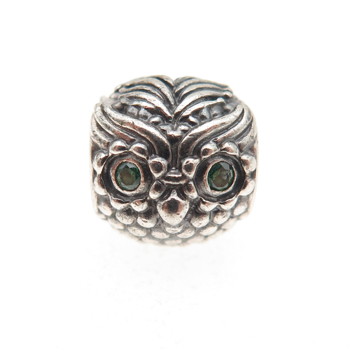 PANDORA 925 Sterling Silver Green C Z Wise Owl Slide Bead Charm
