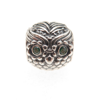 PANDORA 925 Sterling Silver Green C Z Wise Owl Slide Bead Charm