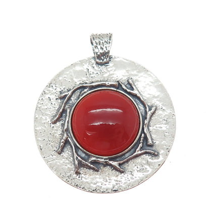 925 Sterling Silver Vintage Israel Real Carnelian Modernist Disc Pendant
