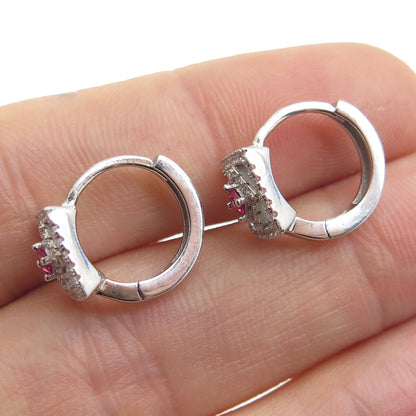 925 Sterling Silver Pink Princess-Cut & White Round-Cut Shaped C Z Hoop Earrings
