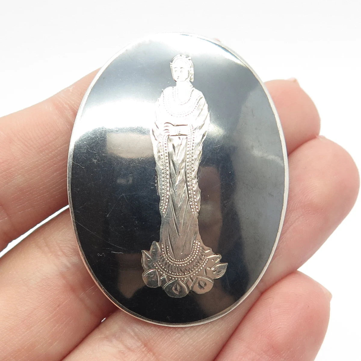 925 Sterling Silver Vintage Siam Hindu Goddess Oval Pin Brooch