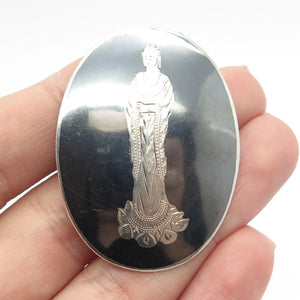 925 Sterling Silver Vintage Siam Hindu Goddess Oval Pin Brooch