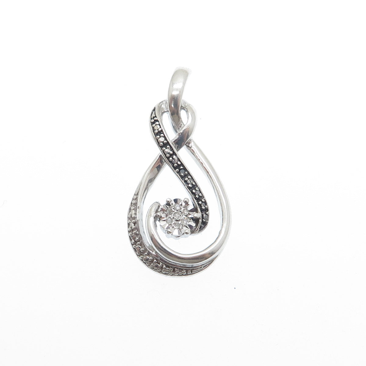 925 Sterling Silver Real Round-Cut Black & White Diamond Infinity Pendant
