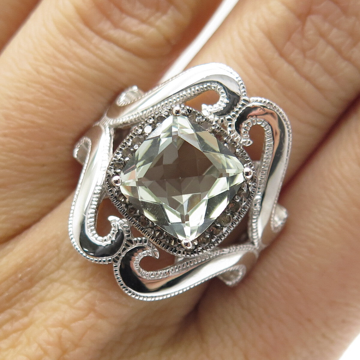 925 Sterling Silver Real Round-Cut Diamond & Green Amethyst Ring Size 7.25