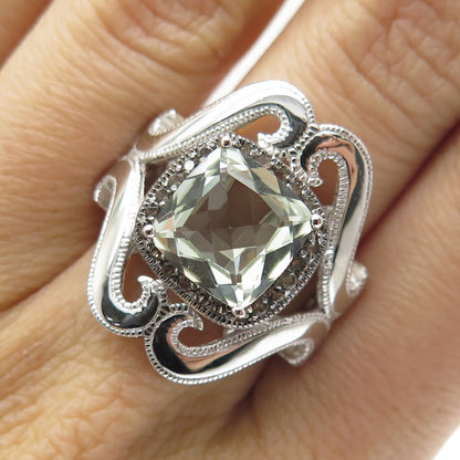925 Sterling Silver Real Round-Cut Diamond & Green Amethyst Ring Size 7.25