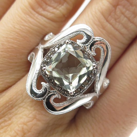 925 Sterling Silver Real Round-Cut Diamond & Green Amethyst Ring Size 7.25