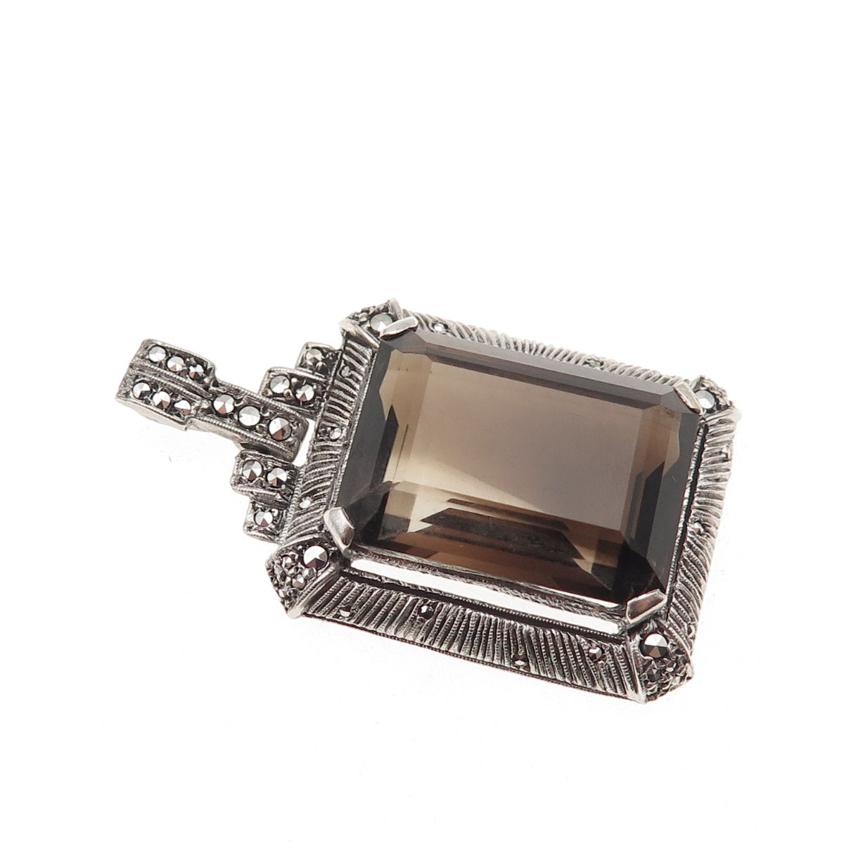 925 Sterling Silver Antique Art Deco Real Smoky Quartz & Marcasite Charm Pendant