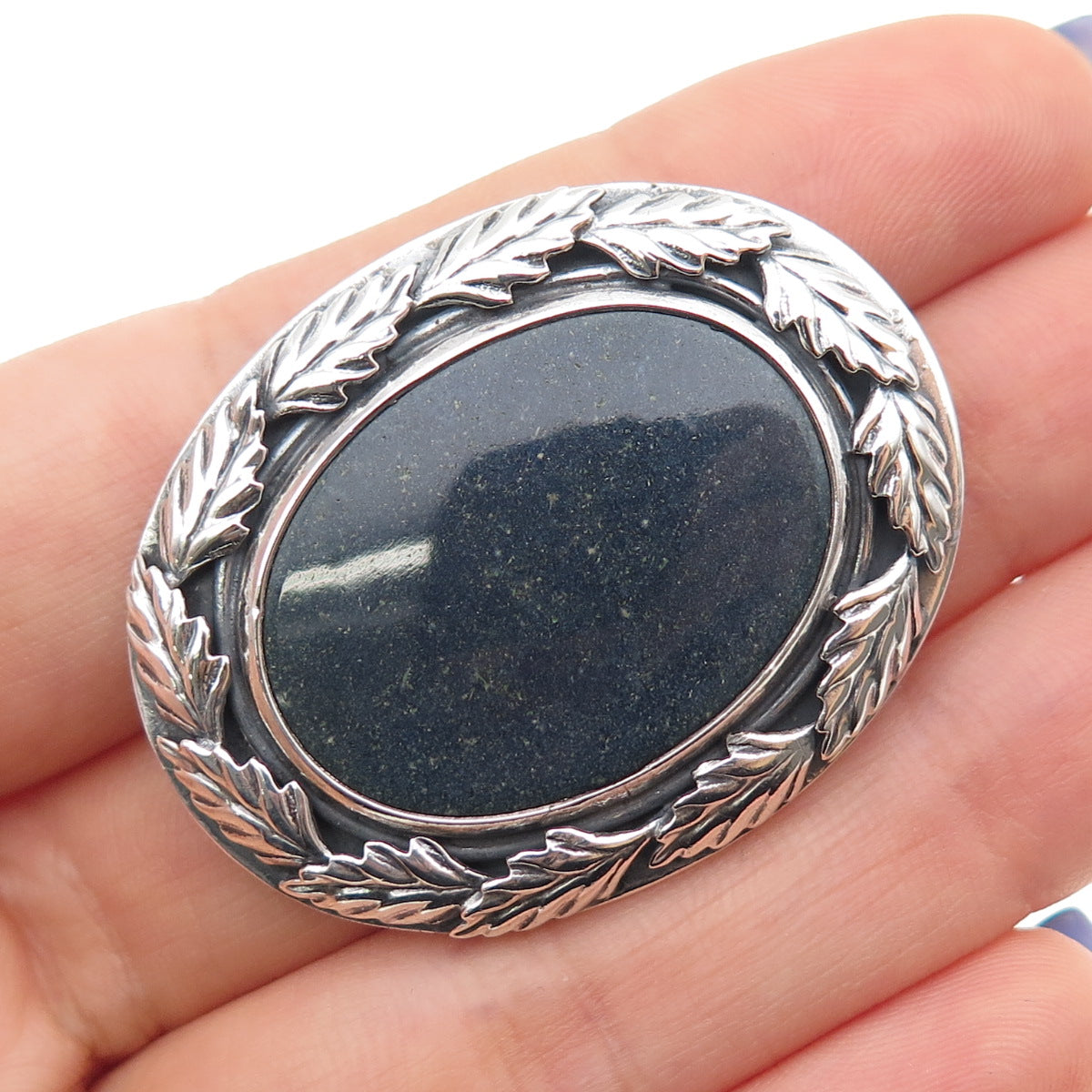 925 Sterling Silver Vintage Real Sodalite Floral Leaf Oxidized Pin Brooch