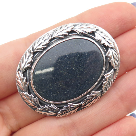 925 Sterling Silver Vintage Real Sodalite Floral Leaf Oxidized Pin Brooch