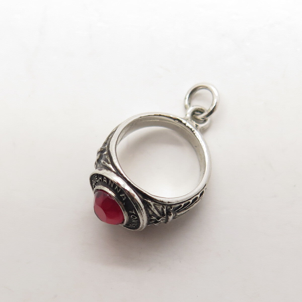 925 Sterling Silver Vintage Red Rhinestone "Susquehanna Township" Ring Pendant