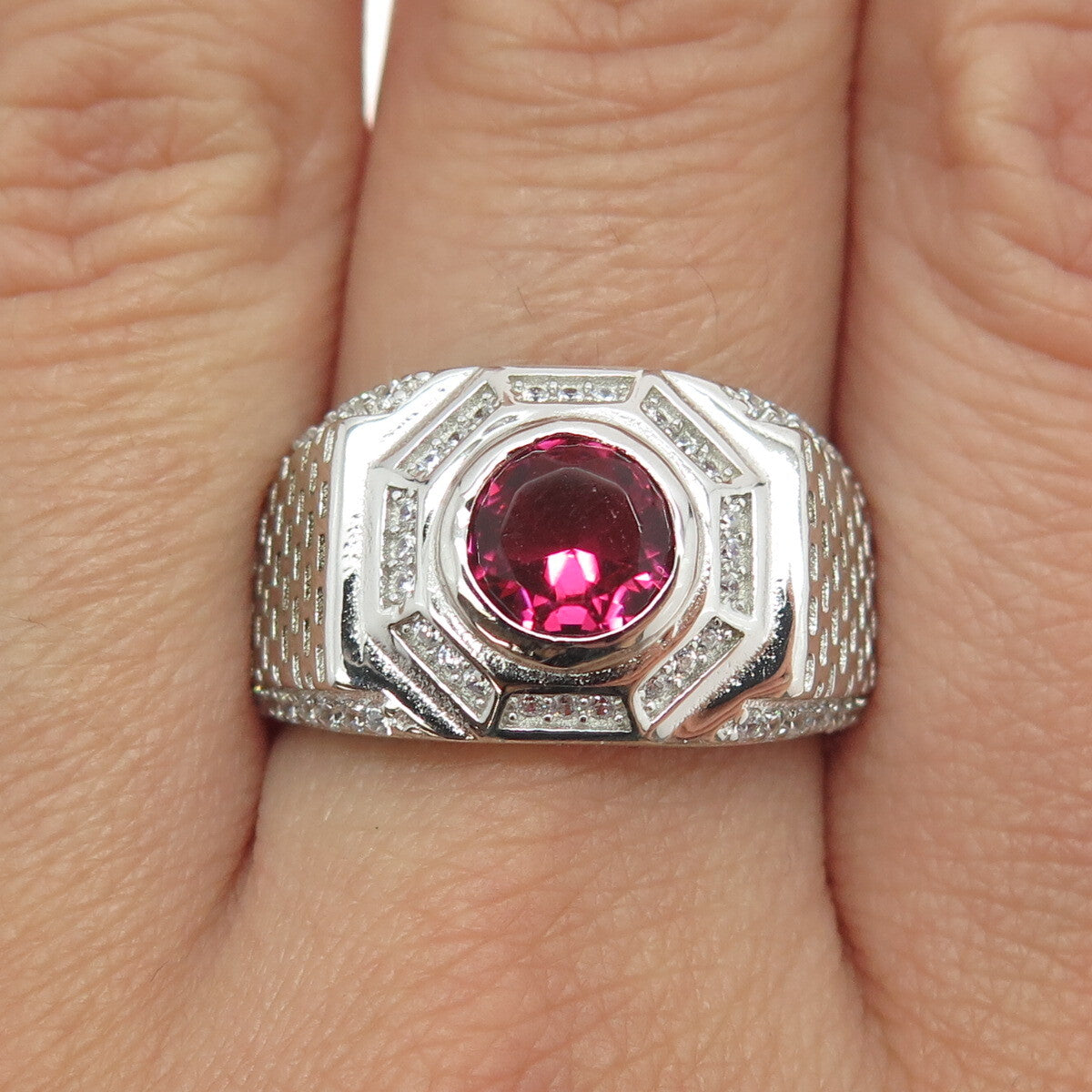925 Sterling Silver Round-Cut White & Pink C Z Ring Size 9.5