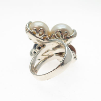 GSJ GOLD STONE 925 Sterling Silver Vintage Real Pearl White Topaz Ring Size 7.25