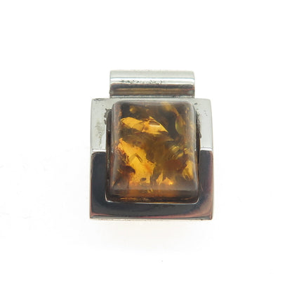 925 Sterling Silver Vintage Real Amber Modernist Square Pendant