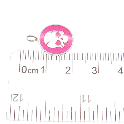 925 Sterling Silver Pink Enamel Pirate Skull Round Tag Minimalist Charm Pendant