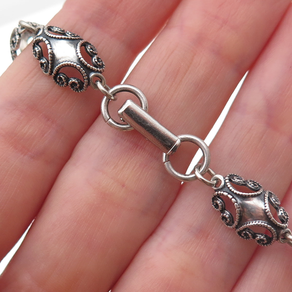 Beau 925 Sterling Silver Antique Art Deco Floral Filigree Link Bracelet 7"