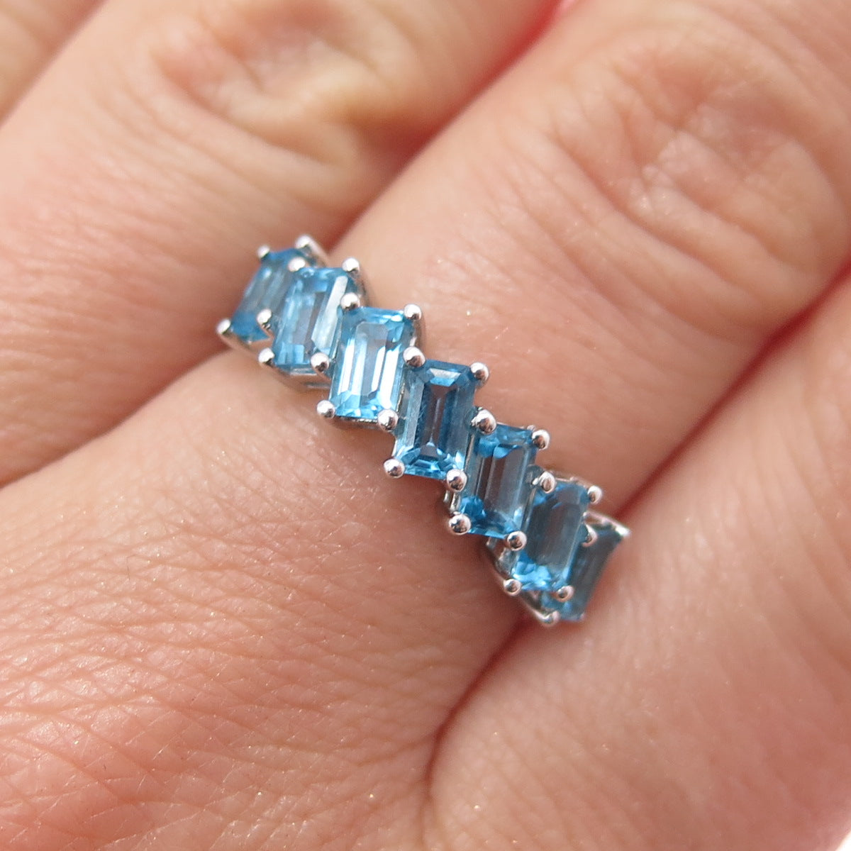 925 Sterling Silver Vintage Real Emerald-Cut Blue Topaz Ring Size 7