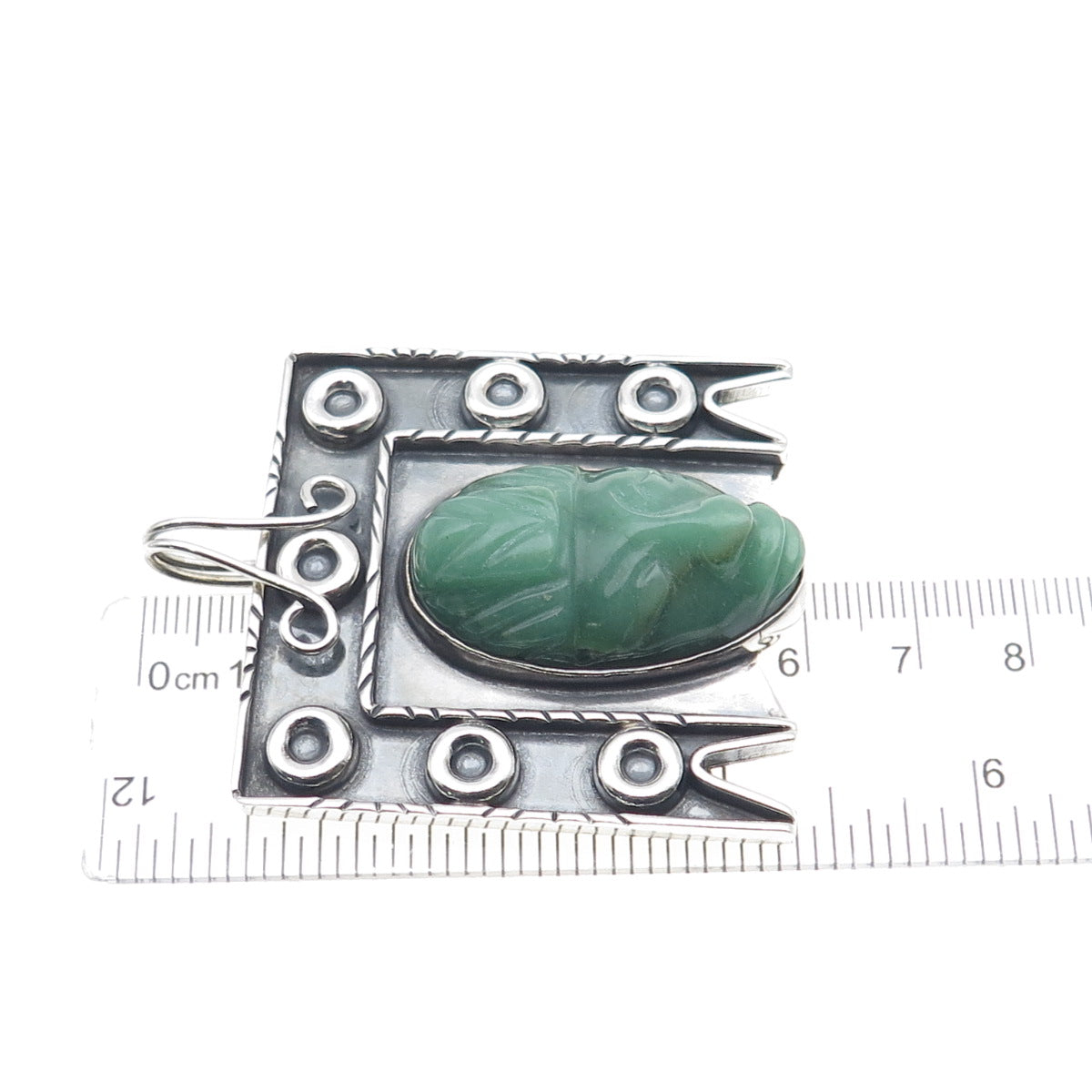 925 Sterling Silver Vintage Mexico Real Jade Aztec God Oxidized Pendant