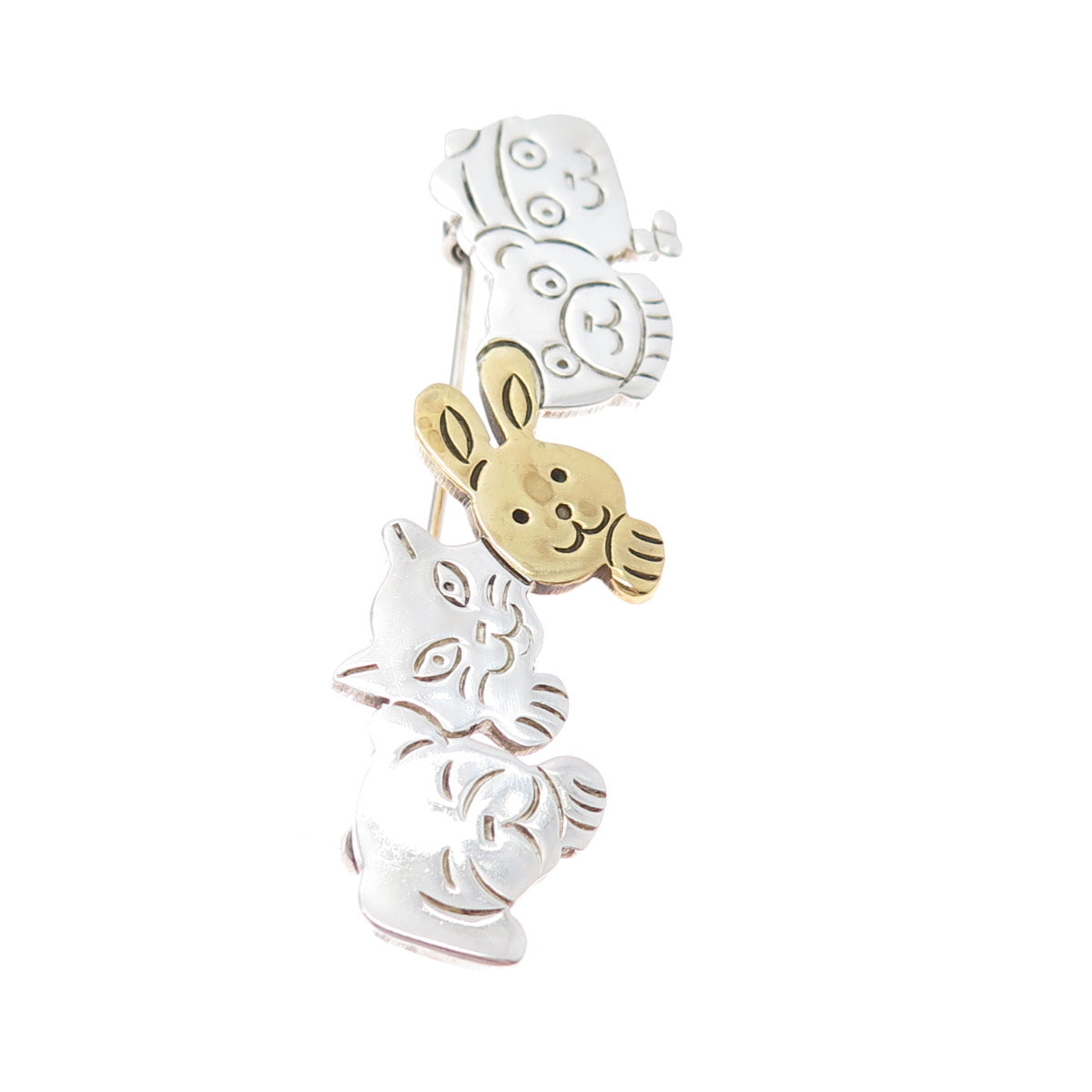 925 Sterling Silver 2-Tone Vintage Mexico Cat Dog Bear Rabbit Cartoon Pin Brooch