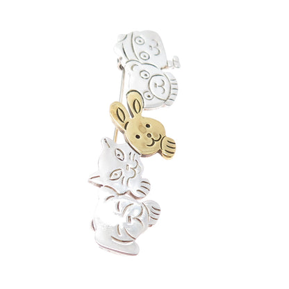 925 Sterling Silver 2-Tone Vintage Mexico Cat Dog Bear Rabbit Cartoon Pin Brooch