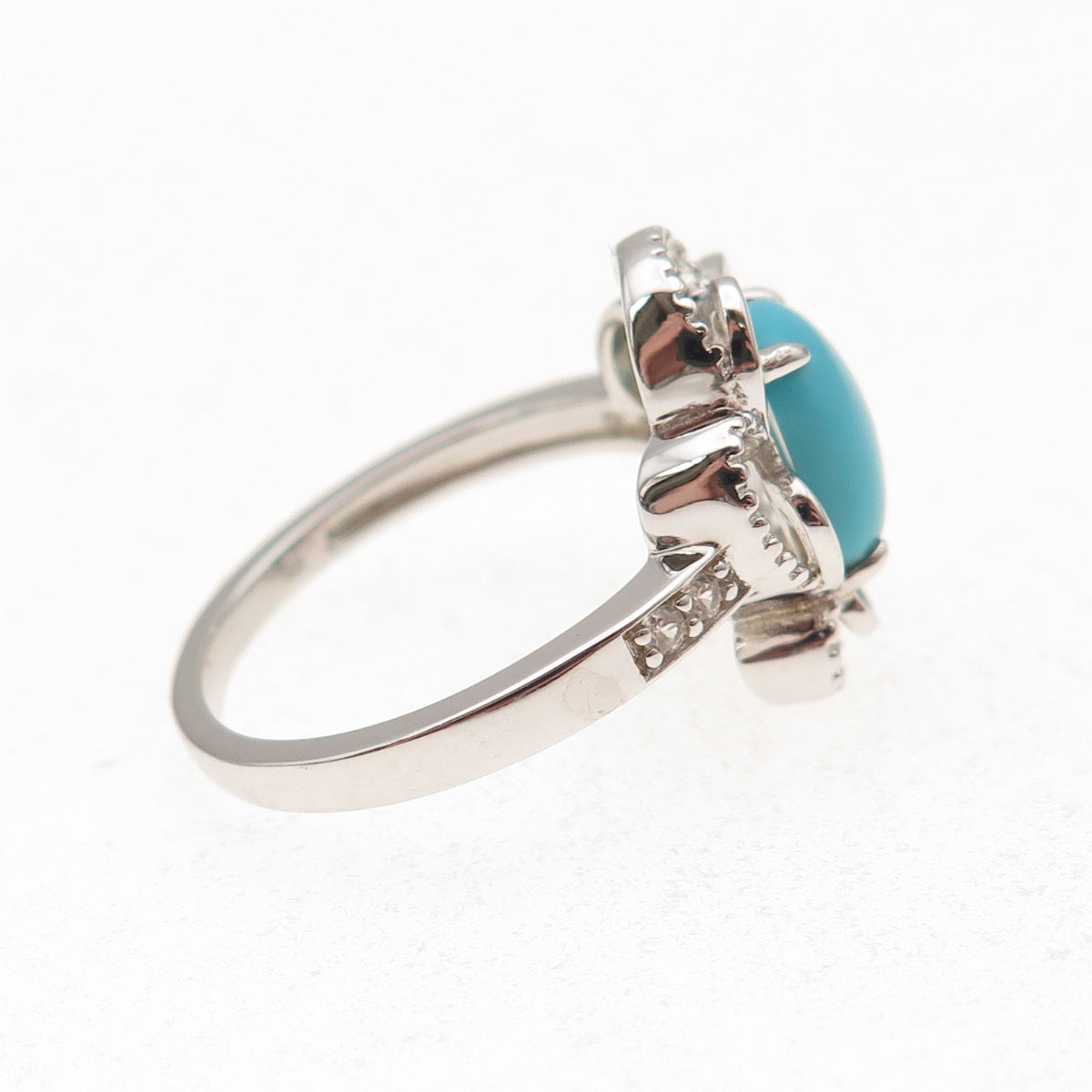 925 Sterling Silver Real Sleeping Beauty Turquoise Floral Ring Size 8