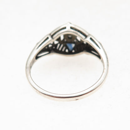 925 Sterling Silver Vintage Real Diamond & Sapphire Oxidized Ring Size 8.25