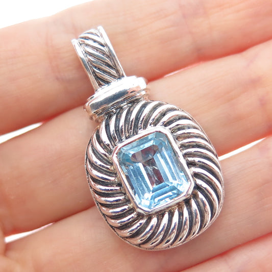 925 Sterling Silver Vintage Real Emerald-Cut Blue Topaz Oxidized Charm Pendant