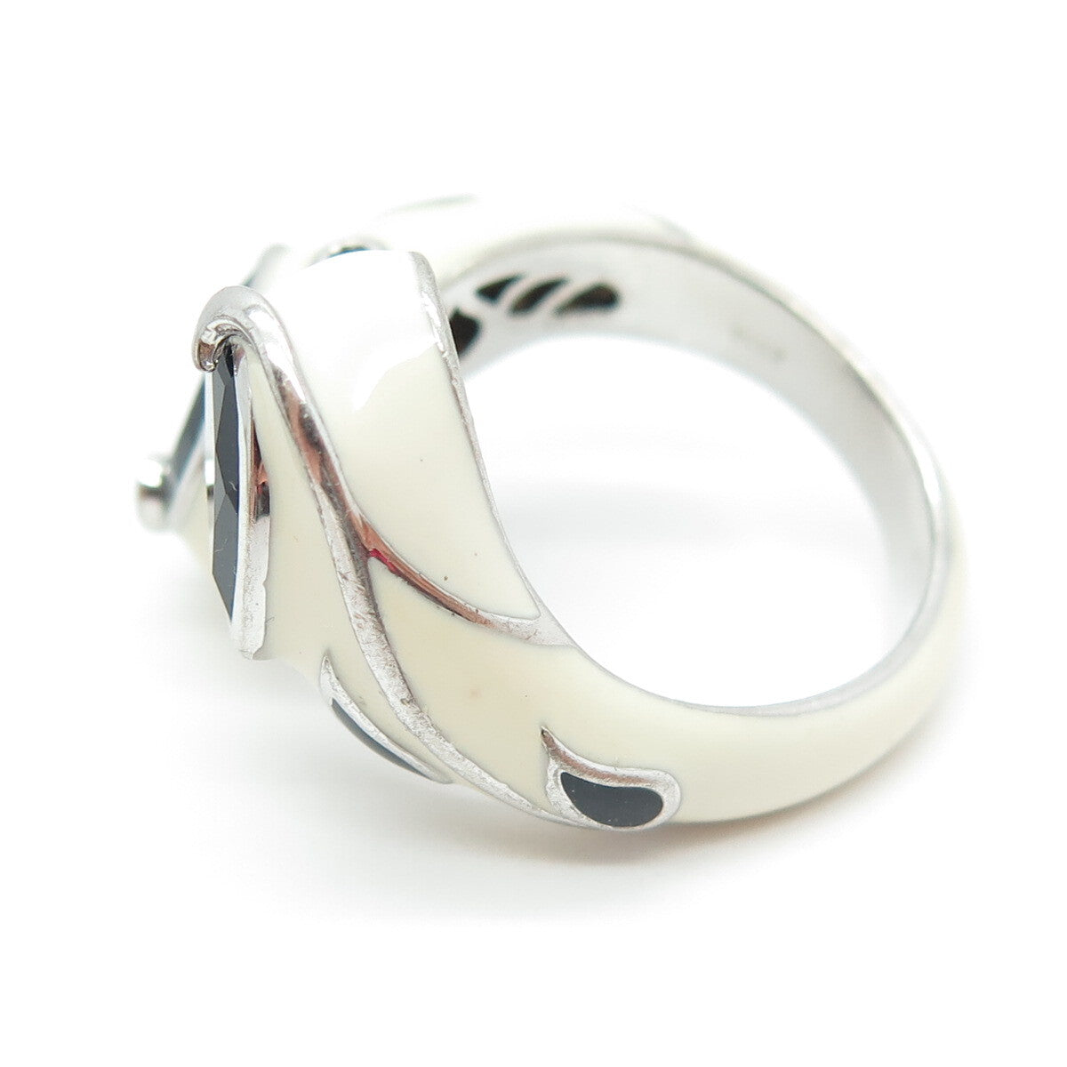 EMA 925 Sterling Silver Enamel & Black Spinel Modernist Bypass Ring Size 8