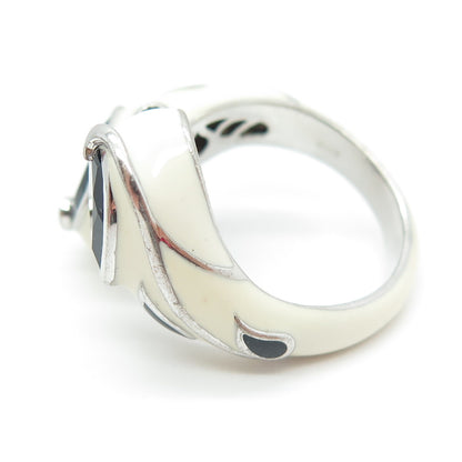 EMA 925 Sterling Silver Enamel & Black Spinel Modernist Bypass Ring Size 8