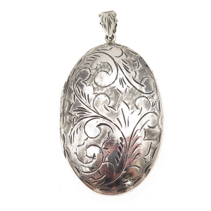 925 Sterling Silver Vintage Engraved Floral Oxidized Oval Locket Pendant