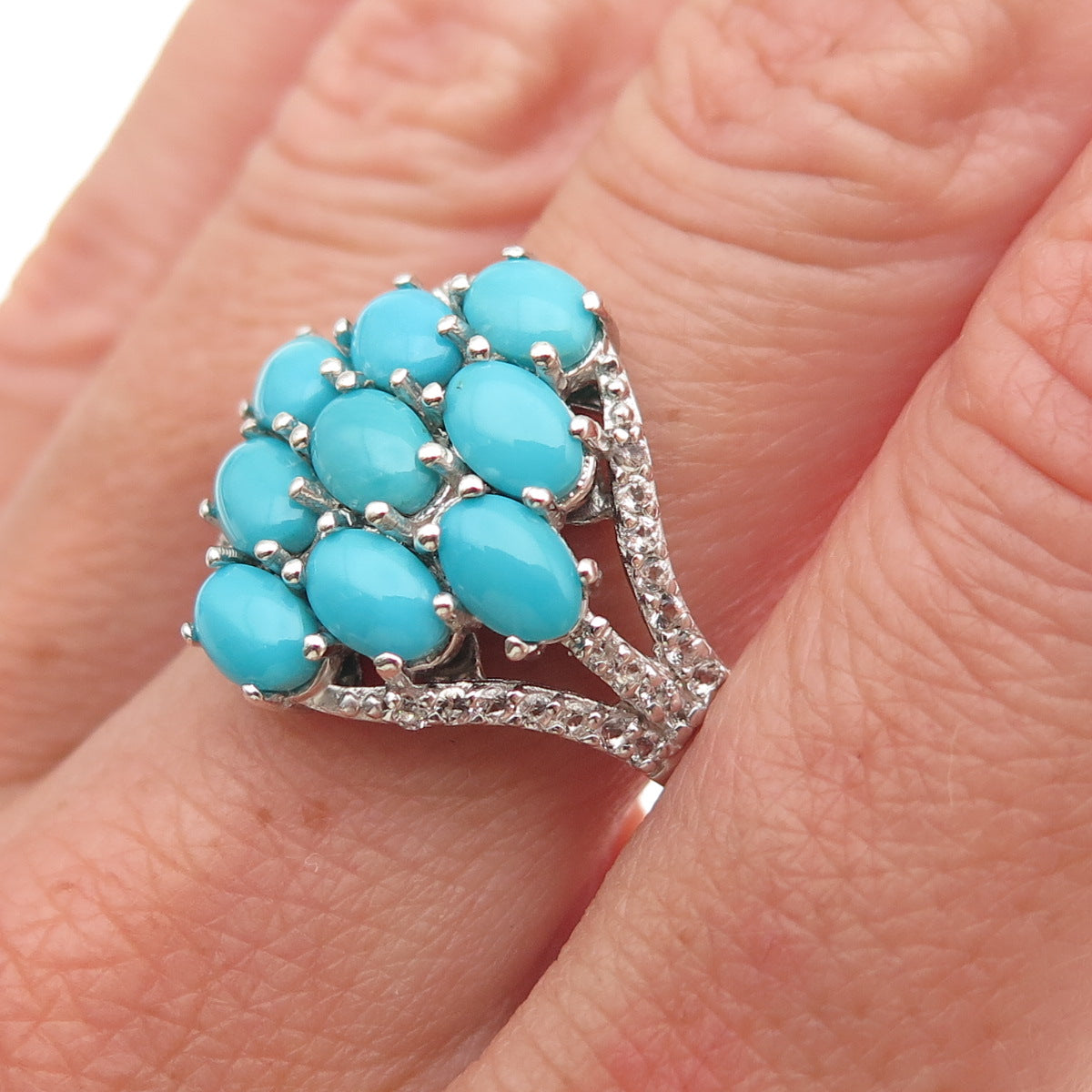 Chuck Clemency 925 Sterling Silver Real Turquoise & White Topaz Ring Size 8.5