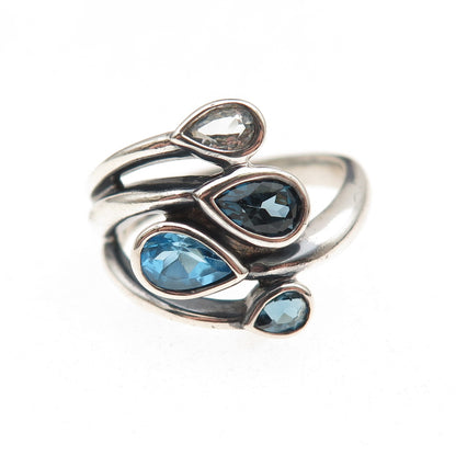 925 Sterling Silver Vintage Real London Blue & White Topaz Oxidized Ring Size 7