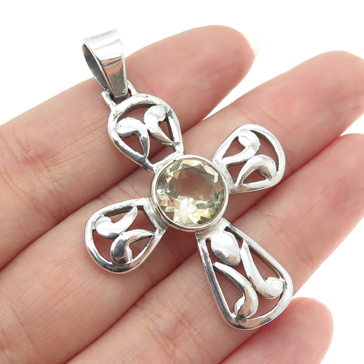 925 Sterling Silver Vintage Real Round-Cut Citrine Ornate Cross Pendant