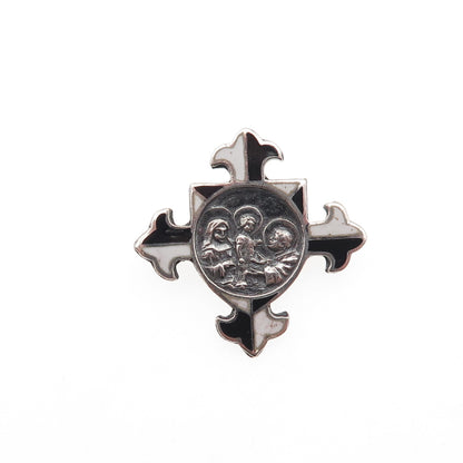 925 Sterling Silver Antique Art Deco Holy Family Cross Oxidized Pin Brooch