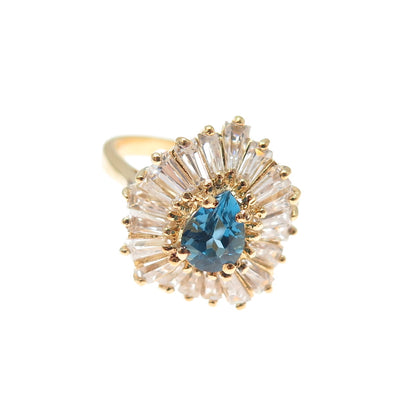 925 Sterling Silver Gold Plated Real London Blue Topaz & C Z Ring Size 6.75