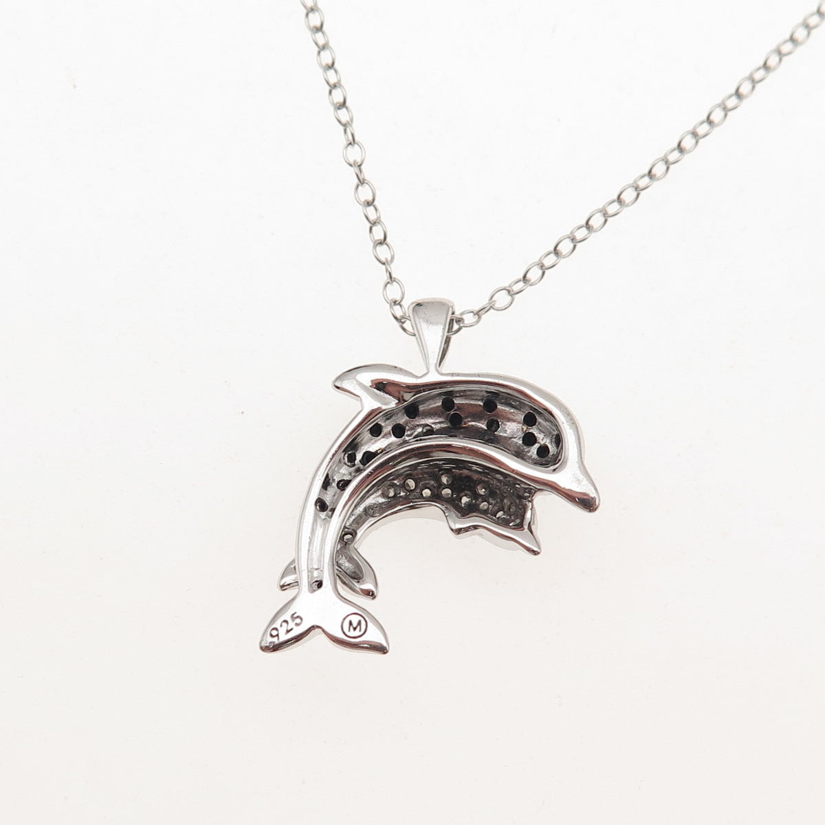 925 Sterling Silver Real Black & White Diamond Dolphin Cable Chain Necklace 18"