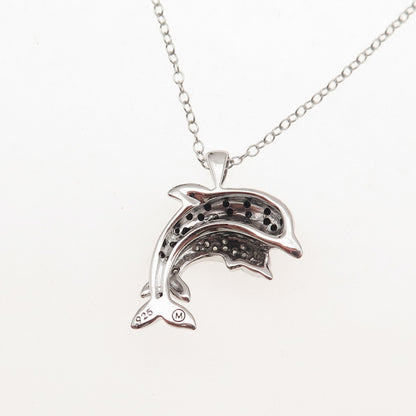 925 Sterling Silver Real Black & White Diamond Dolphin Cable Chain Necklace 18"