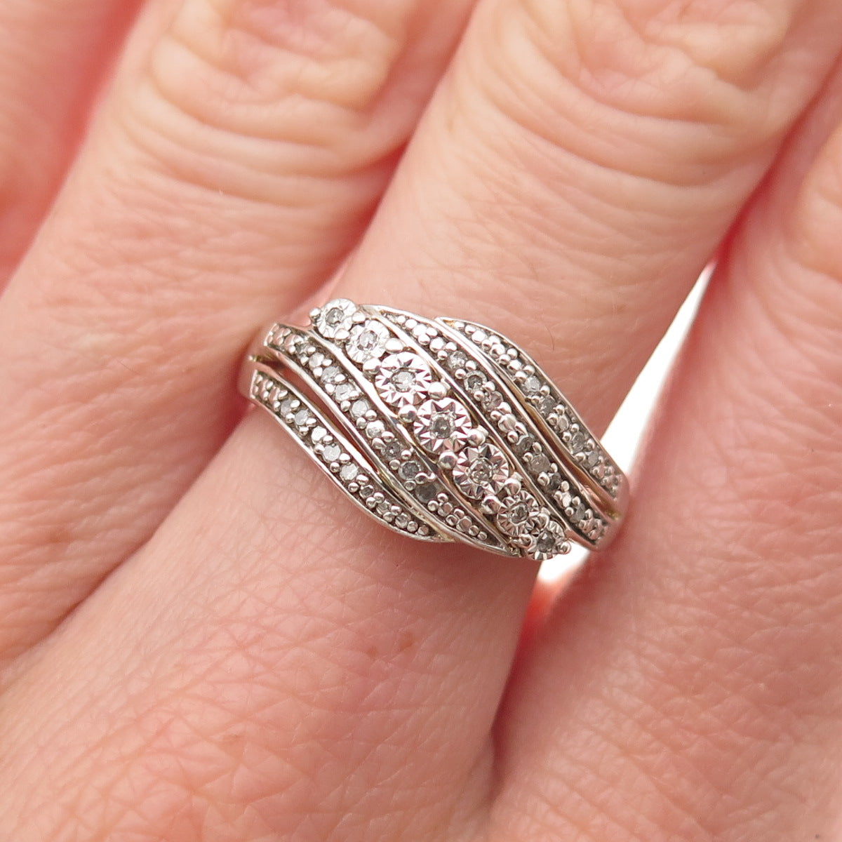 925 Sterling Silver Real Round-Cut Diamond Ring Size 7.25