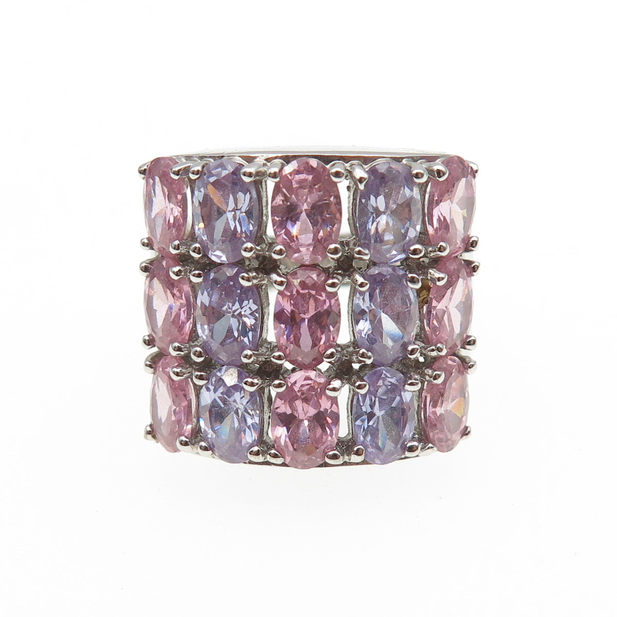 925 Sterling Silver Oval-Cut Lavender & Pink C Z Cluster Ring Size 7