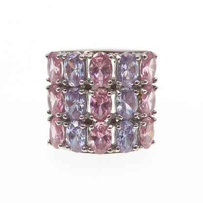 925 Sterling Silver Oval-Cut Lavender & Pink C Z Cluster Ring Size 7