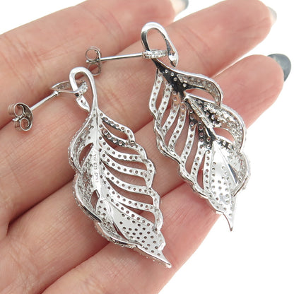 925 Sterling Silver Round-Cut C Z Feather Dangling Earrings