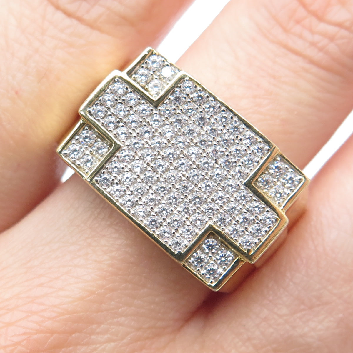 925 Sterling Gold Plated Round-Cut Shaped C Z Cross Signet Wide Ring Size 10.25