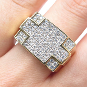 925 Sterling Gold Plated Round-Cut Shaped C Z Cross Signet Wide Ring Size 10.25