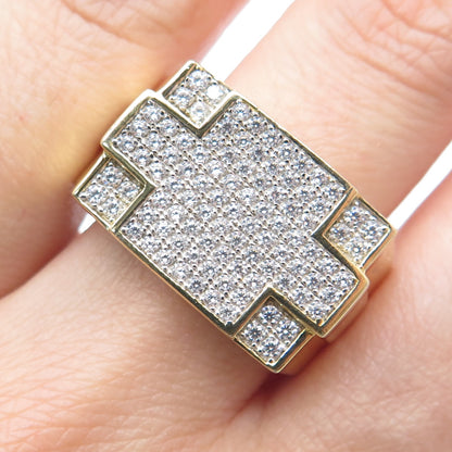 925 Sterling Gold Plated Round-Cut Shaped C Z Cross Signet Wide Ring Size 10.25