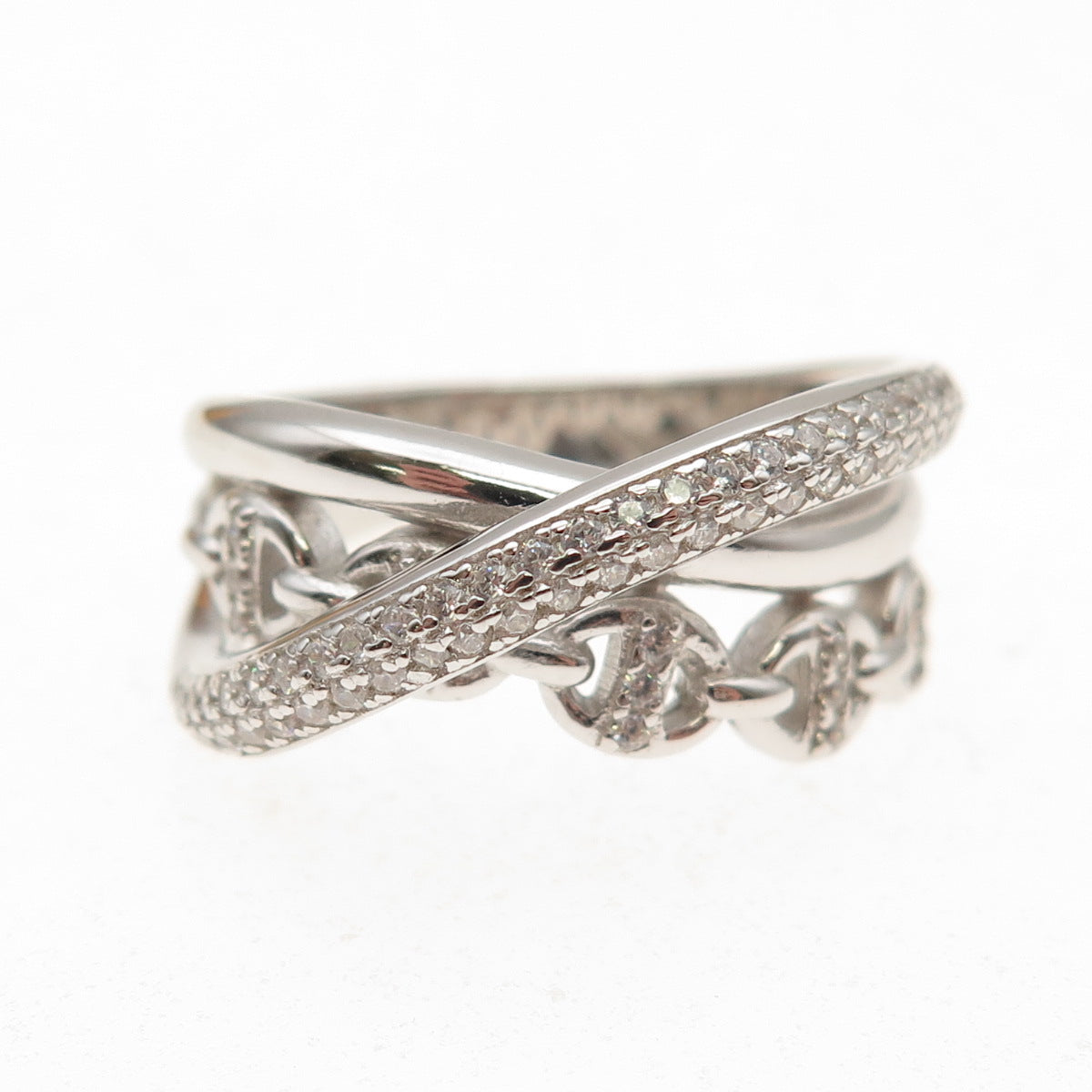 925 Sterling Silver Round-Cut C Z Multi-Chain Crisscross Ring Size 9.25