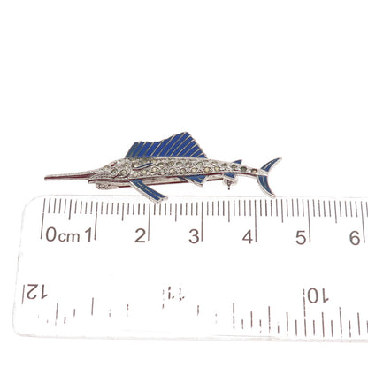 925 Sterling Antique Enamel & Rhinestone Swordfish Pin Brooch (missing 2 stones)