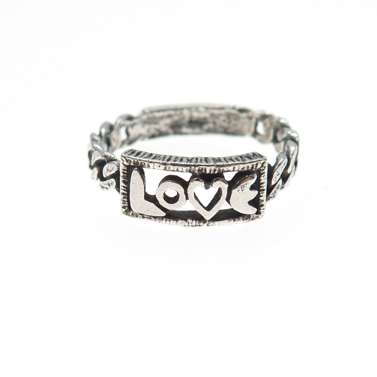 925 Sterling Silver Vintage Love Oxidized Cuban Link Ring Size 7.75