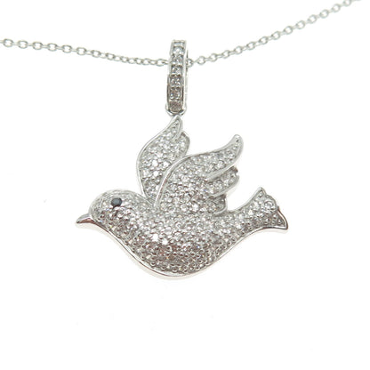 925 Sterling Silver Pave C Z Pigeon Bird Pendant Rolo Chain Necklace 18"