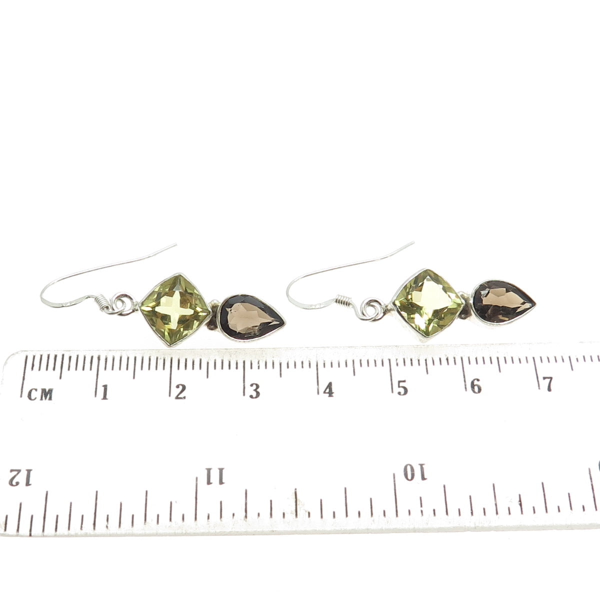 925 Sterling Silver Vintage Real Lemon Citrine & Smoky Quartz Dangle Earrings